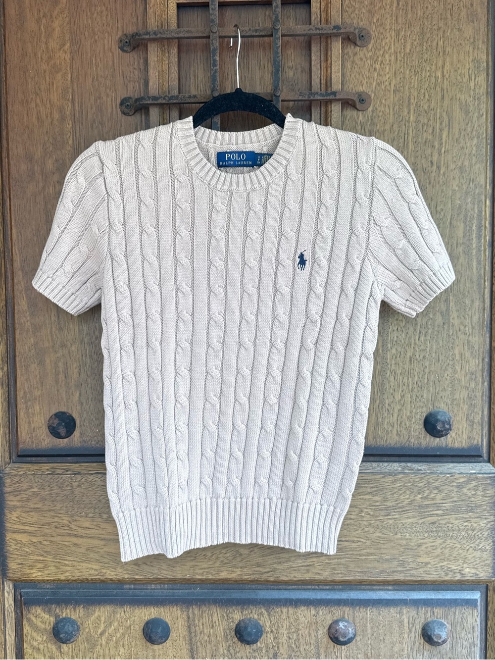 Ralph Lauren Milk Coffee Cable Knit Short-Sleeve Crewneck Sweater Size S